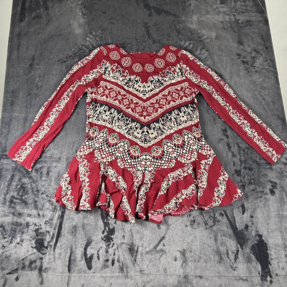 Free People Tunic Top Womens Large Red Boho Paisley Open Back Long Sleeve Peplum